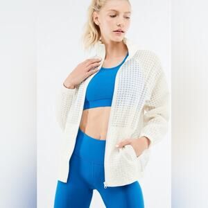 Fabletics bomber jacket sheer grid pattern. Size M- Cream Color, Zipper Closure